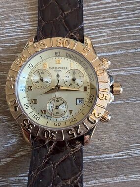 Men’s Gold Chronograph Watch with Brown Leather Strap